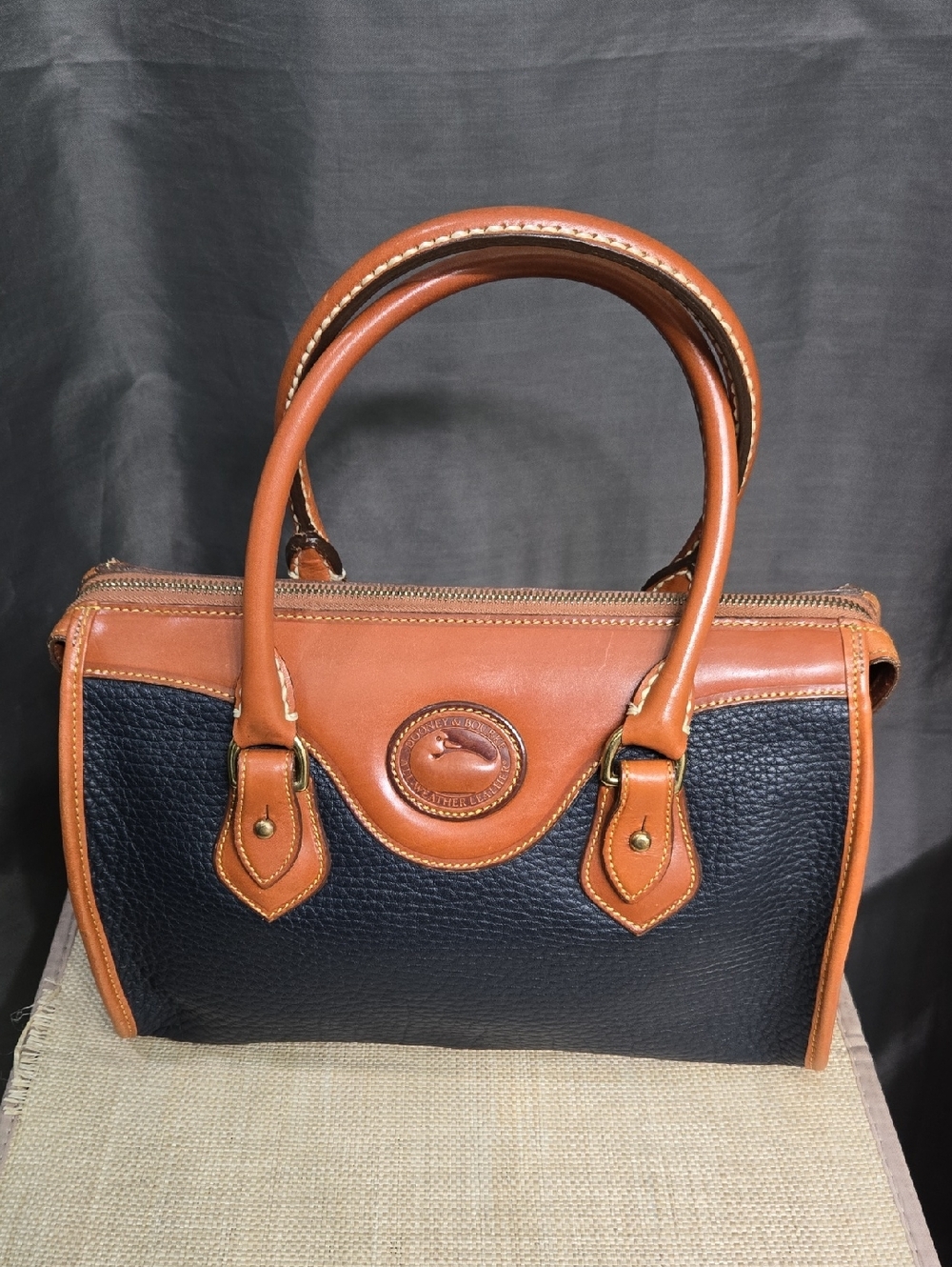Dooney & Bourke Black and Tan Pebbled Leather Satchel - Picture 1 of 16